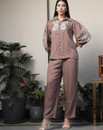 Shirt Collar Embroidered Cotton Shirt With Trousers Co-Ords Set brown