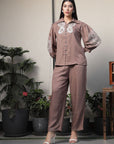 Shirt Collar Embroidered Cotton Shirt With Trousers Co-Ords Set brown