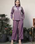 Shirt Collar Embroidered Cotton Shirt With Trousers Co-Ords Set pink