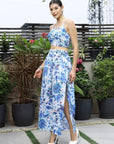 Shoulder Strap Printed Top With Palazzo Co-Ord Set blue