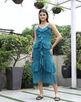 Women Self Design Shoulder Straps Ruffles Peplum Dress teal