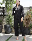 Shirt Collar Embroidered Cotton Shirt With Trousers Co-Ords Set black