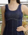 Solid Denim Round Neck Midi Dress blue