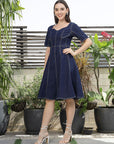 Solid Denim Square Neck Half Short Sleeve Dress blue