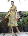 Floral Printed Shirt Collar Short Sleeves Shirt Dress Yellow