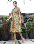 Floral Printed Shirt Collar Short Sleeves Shirt Dress Yellow