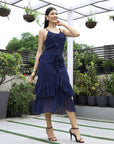 Women Self Design Shoulder Straps Ruffles Peplum Dress navy-blue