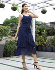 Women Self Design Shoulder Straps Ruffles Peplum Dress navy-blue