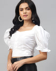 Captivating White Solid Smocked Crop Top