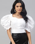 Captivating White Solid Smocked Crop Top