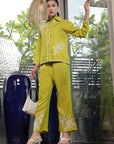 Shirt Collar Embroidered Cotton Shirt With Trousers Co-Ords Set lime-green