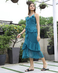 Women Self Design Shoulder Straps Ruffles Peplum Dress teal