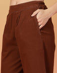 Solid Brown Round Neck Shirt With Trousers Co-Ords