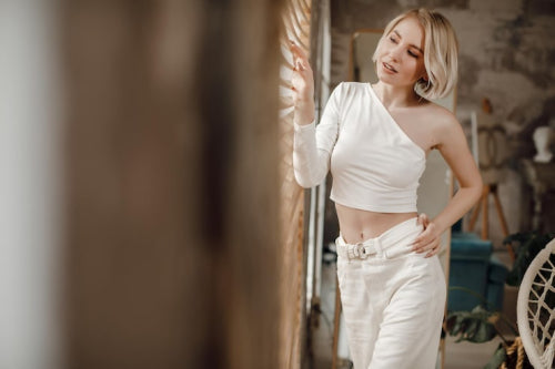 Wrap Tops and Trousers Create Flattering Proportions for Women