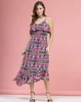 Violet  Black Floral Printed Shoulder Straps A-Line Midi Dress