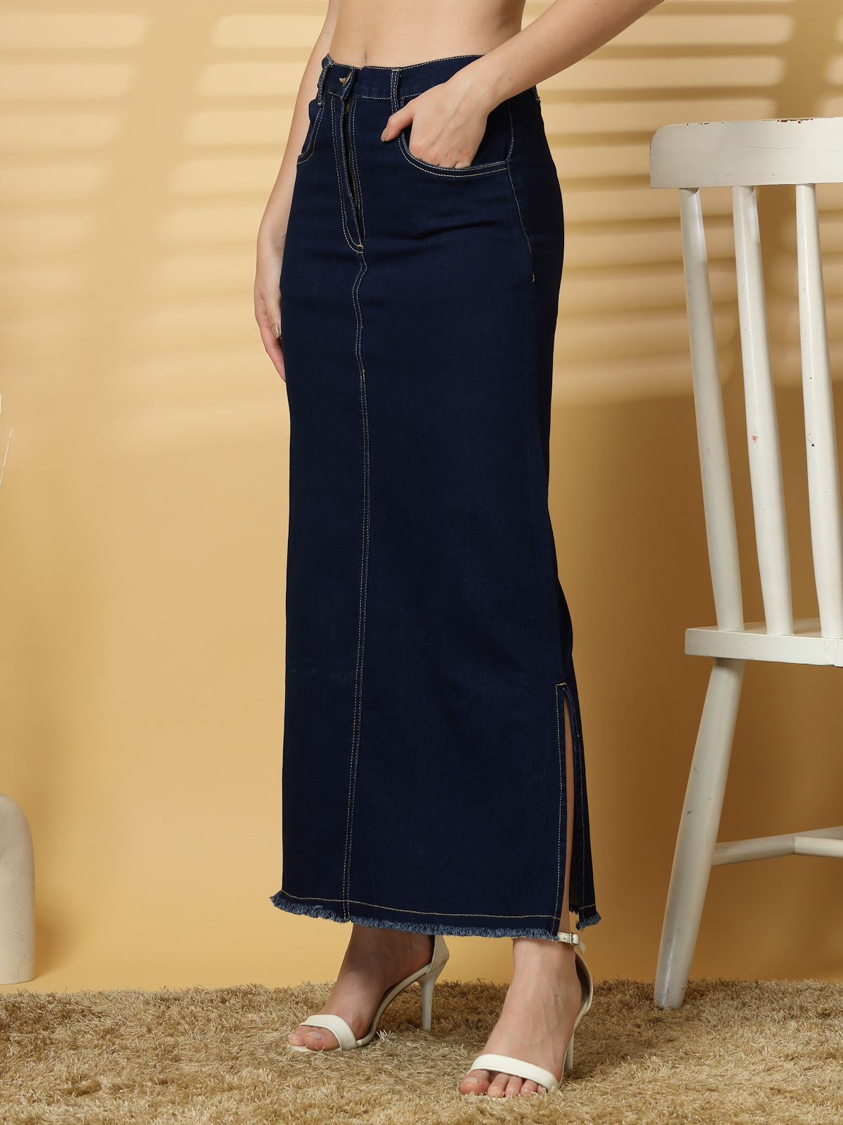 Blue Solid Denim Maxi Skirt