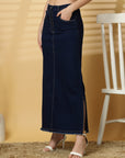 Blue Solid Denim Maxi Skirt