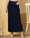 Blue Solid Denim Maxi Skirt