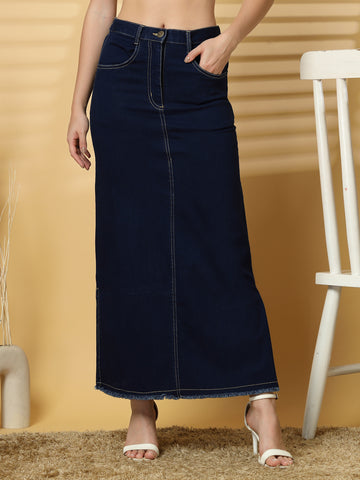 Blue Solid Denim Maxi Skirt