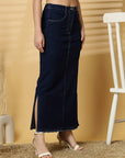 Blue Solid Denim Maxi Skirt