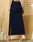 Blue Solid Denim Maxi Skirt