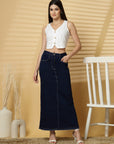 Blue Solid Denim Maxi Skirt