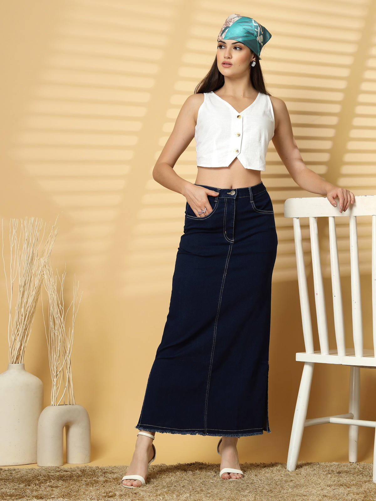 Blue Solid Denim Maxi Skirt