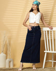 Blue Solid Denim Maxi Skirt