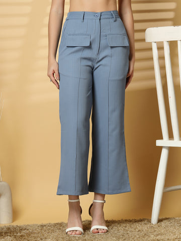 Women Blue Solid Pleated Trouser