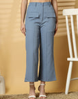 Women Blue Solid Pleated Trouser