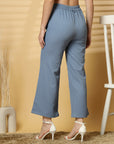 Women Blue Solid Pleated Trouser