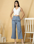 Women Blue Solid Pleated Trouser