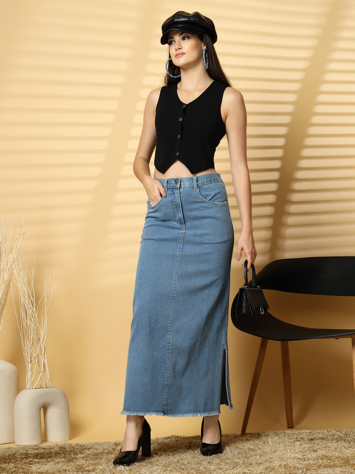 Light Blue Solid Denim Skirt