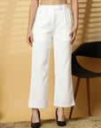 Women White Solid Pleated Trousers