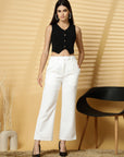 Women White Solid Pleated Trousers