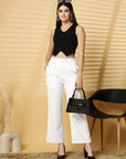 Women White Solid Pleated Trousers