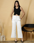 Women White Solid Pleated Trouser