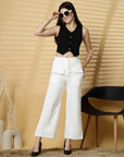 Women White Solid Pleated Trouser