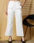 Women White Solid Pleated Trouser