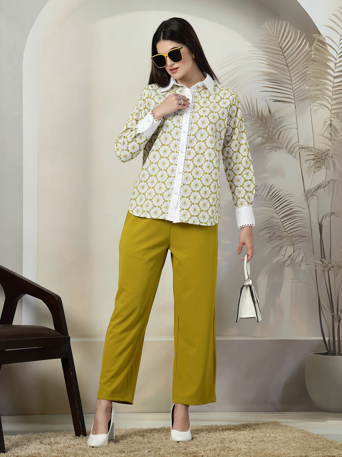 Green Pure Cotton Shirt With Trousers Co-Ords