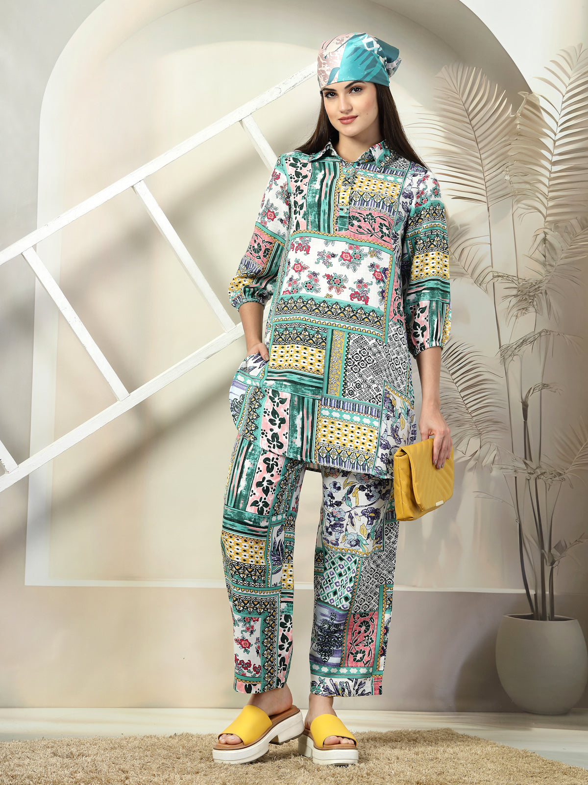 Green Printed Pure Cotton Top With Trousers Co-Ords