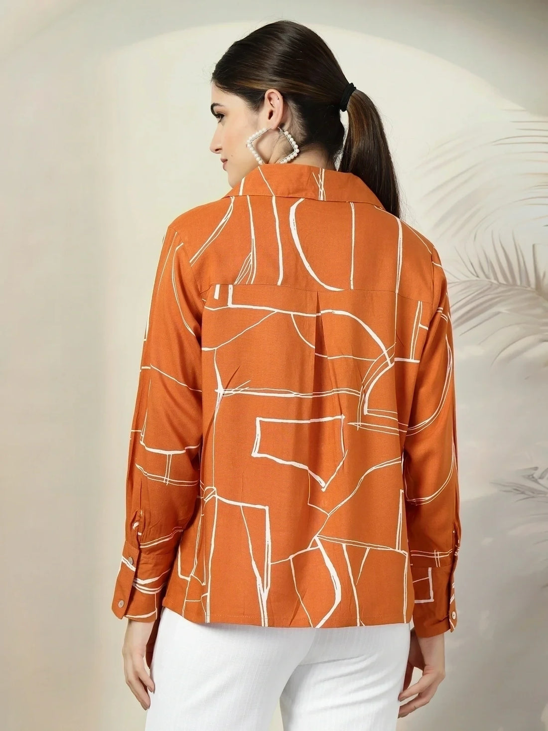 Orange floral printed opaque Spread Collar Casual Buttoned Top