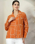 Orange floral printed opaque Spread Collar Casual Buttoned Top