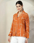 Orange floral printed opaque Spread Collar Casual Buttoned Top