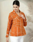 Orange floral printed opaque Spread Collar Casual Buttoned Top