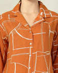 Orange floral printed opaque Spread Collar Casual Buttoned Top
