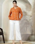 Orange floral printed opaque Spread Collar Casual Buttoned Top