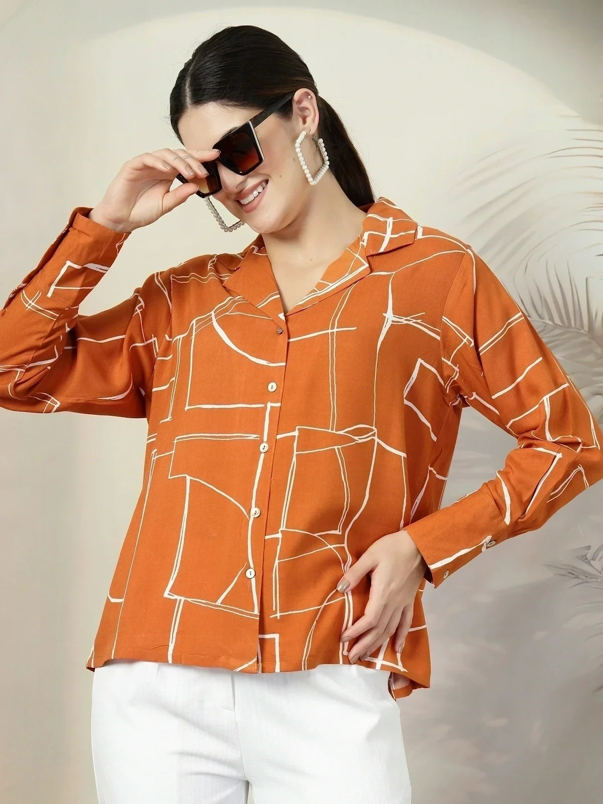 Orange floral printed opaque Spread Collar Casual Buttoned Top