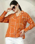 Orange floral printed opaque Spread Collar Casual Buttoned Top