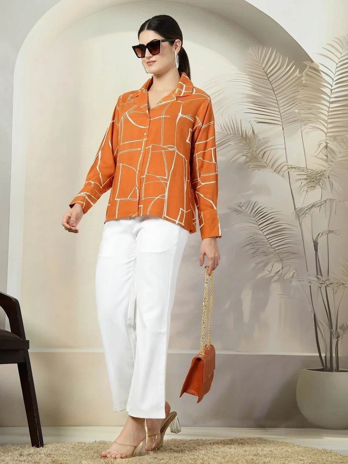 Orange floral printed opaque Spread Collar Casual Buttoned Top
